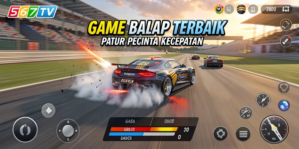 Tampilan gameplay 567TV yang mendebarkan dengan mobil balap beraksi di lintasan.
