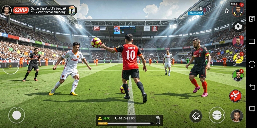 Tangkapan layar gameplay yang menampilkan aksi pertandingan sepak bola.