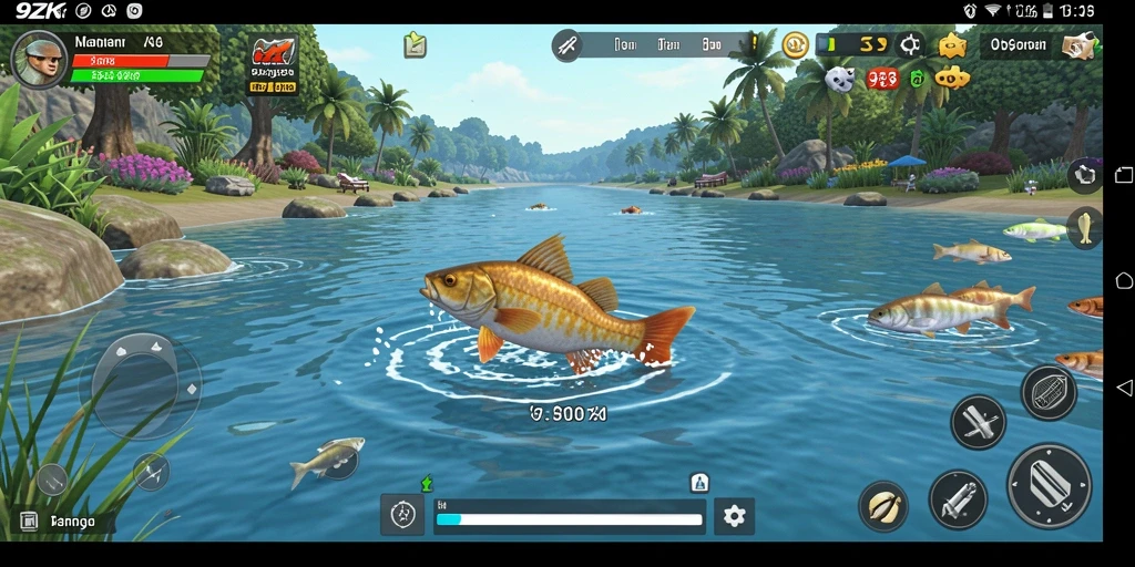 Screenshot gameplay 9ZK menampilkan aksi memancing yang seru dan mendebarkan.
