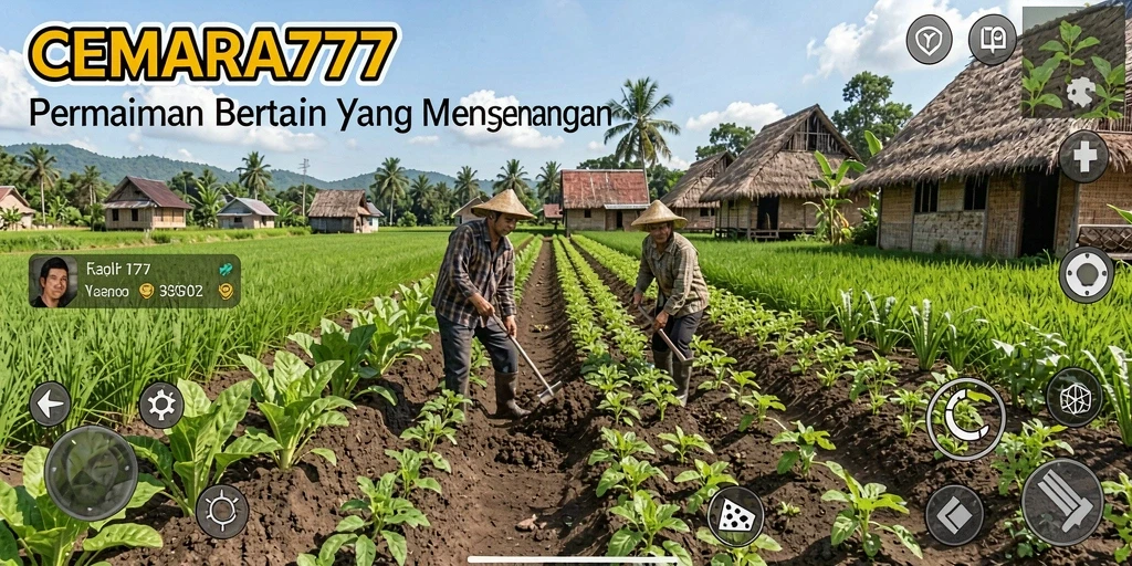 Screenshot gameplay CEMARA777 menampilkan aktivitas bertani dan beternak.