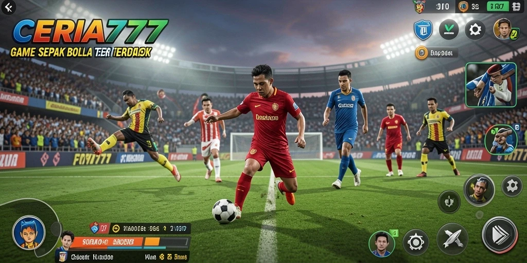Screenshot gameplay CERIA777 menunjukkan aksi seru di lapangan sepak bola.