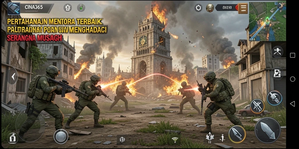 Tampilan layar CINA365 yang intens dengan aksi Tower Defense.