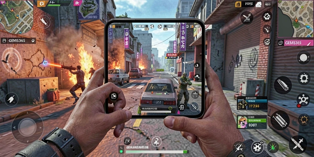 Screenshot gameplay GEMS365 menampilkan aksi FPS yang intens.
