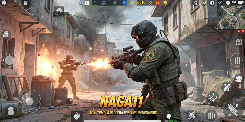 Tampilan screenshot utama NAGA11 menampilkan aksi pertempuran yang mendebarkan di arena FPS.