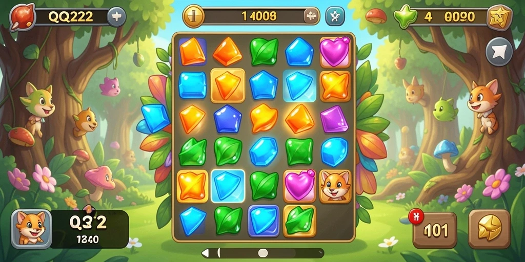 Tampilan gameplay QQ222 yang penuh warna dan menarik di level Match-3.