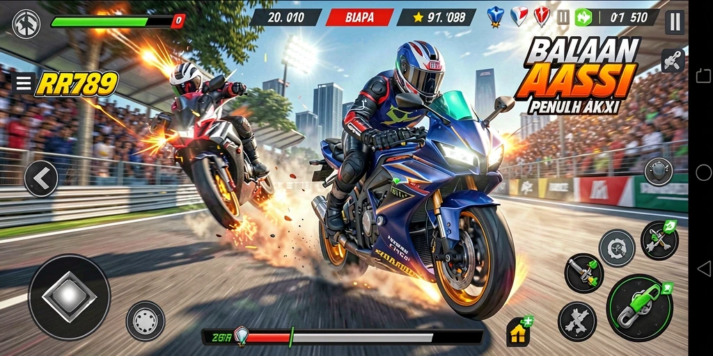 Screenshot gameplay RR789 menampilkan aksi balapan motor yang mendebarkan.