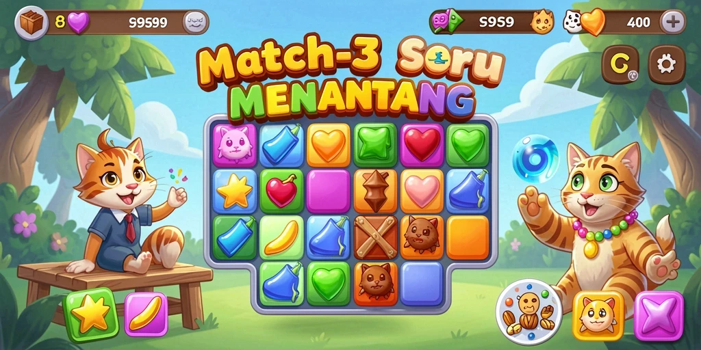 Tangkapan layar gameplay S9S9 dengan elemen Match-3 yang menarik.